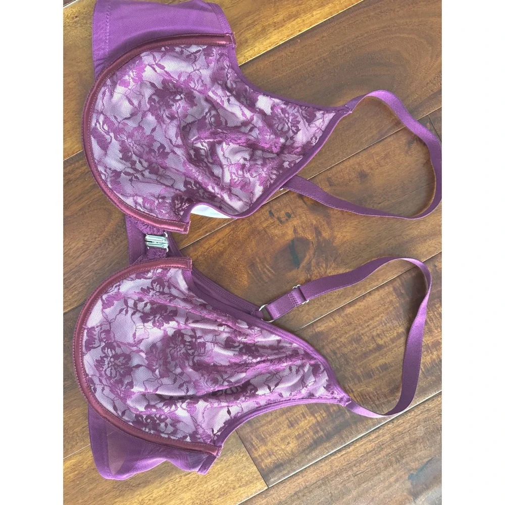 Lace Front-Close Bra Women 105C Purple Excellent Sheer Underwired